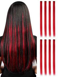 8 片彩色夹式接发，20 英寸长直发，夹式合成假发，万圣节角色扮演装扮时尚派对圣诞节狂欢节音乐节新年礼物，女士（红色） - 紅色 - 查看 12