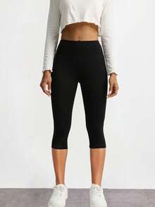 休閒實心吸汗透氣運動打底褲 - 黑色 - 查看 1