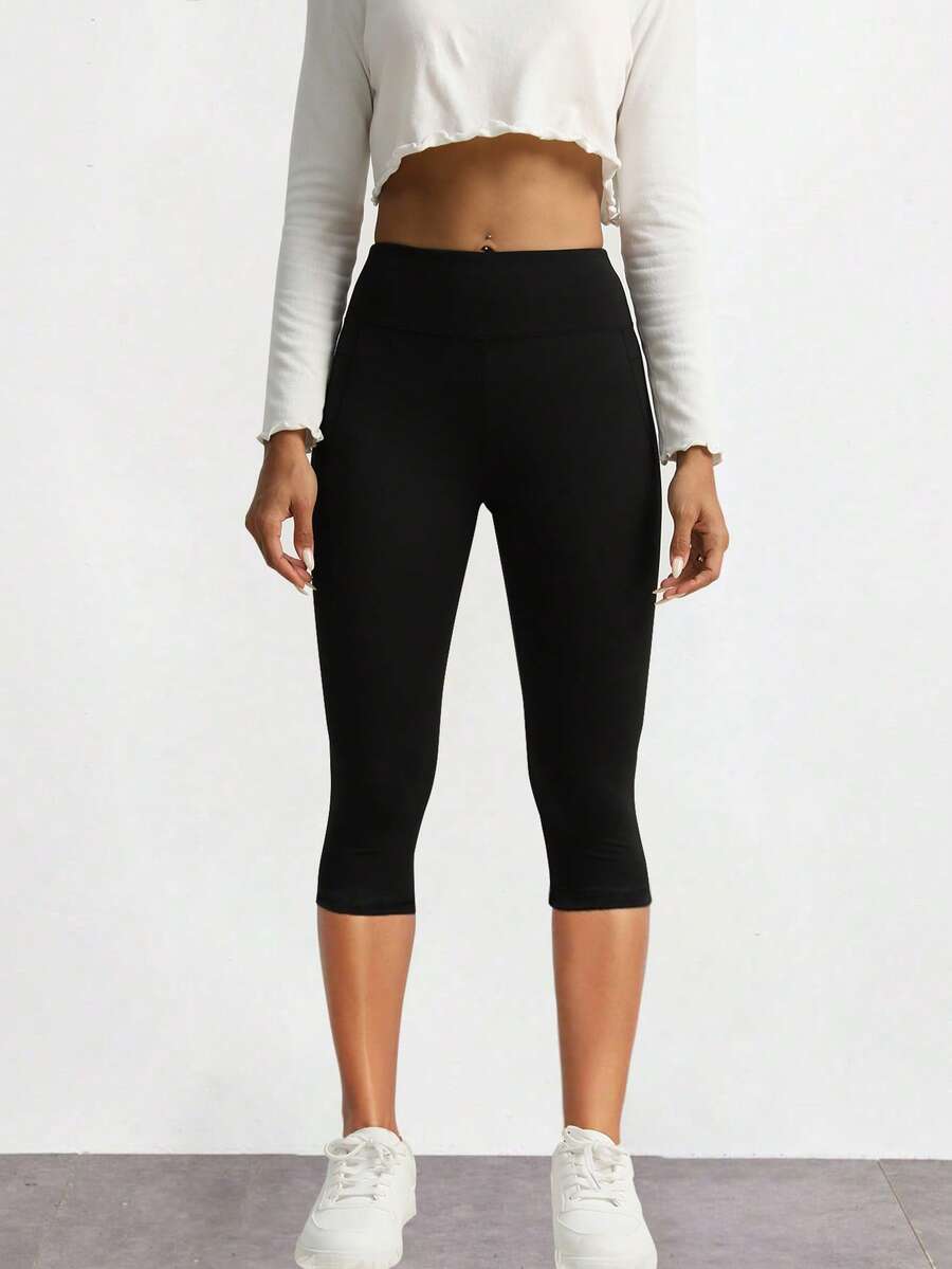 休閒實心吸汗透氣運動打底褲 - 黑色 - 查看 1