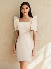 Amyenjoylife - Đầm truyền thống Philippines hiện đại, tay áo cánh bướm thanh lịch, đầm dự tiệc, đầm cổ vuông màu trơn. - Màu vàng - Xem 3