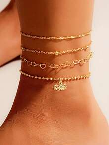 4pcs/Set Women Anklet Set, Bohemian Summer Beach Vacation Stacking Style, Copper Inlaid Zirconia Octopus Pendant, Gold Plated Beaded Chain, Hollow Heart Chain, Water Wave Chain, Round Bead Chain, Ocean Series Multi-Layer Anklet Set, Layered Anklet Accessories Gift - Yellow Gold - View 2