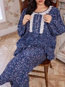 Plus Size Women Ditsy Floral Patchwork Contrast Color Embroidered Lace Trim Long Sleeve Pajama Set - Multicolor - View 3