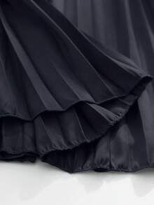 大码休闲纯色长袖针织拼接褶裥下摆连衣裙，优雅女士连衣裙，春秋季 - 深灰色 - 查看 10