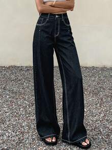 Livesso 女式高腰口袋阔腿宽松休闲百搭牛仔裤 - 藍色 - 查看 1