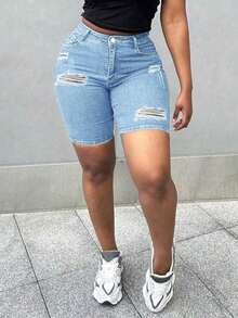 Plus Size Women Elastic Distressed Skinny Denim Bermuda Shorts Casual Summer - Light Wash - View 1