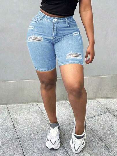 大码女式弹力破洞紧身牛仔百慕大短裤