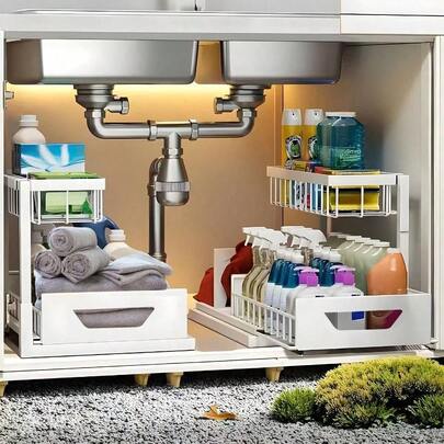 2 niveles Organizadores y almacenamiento debajo del fregadero, Organizador debajo del fregadero, Estante organizador deslizante y extraíble para gabinete, Cajón deslizante de metal para organización de cocina, baño, despensa y armario