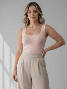 Women's Basic Modal Knit Bodysuit With Square Neckline - Summer Fashion - Baby Pink - View 2
