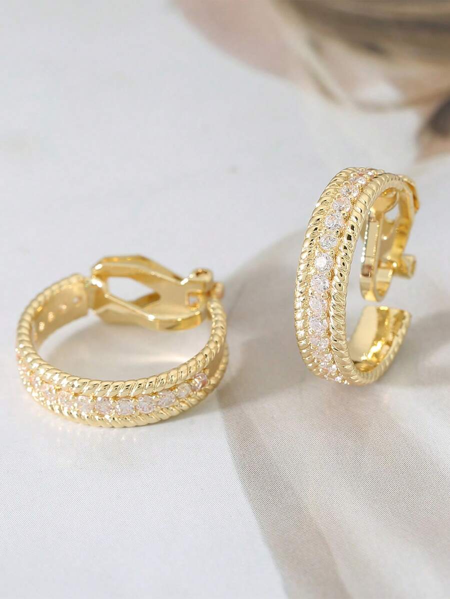 1 Cặp bông tai kẹp hình chữ C đính đá thời trang, bông tai hình học thanh lịch tối giản không xỏ khuyên dùng cho đám cưới, tiệc tùng, trang sức - kẹp - Xem 1