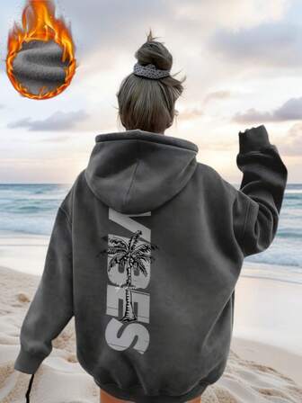 女士冬季印花长袖抽绳连帽衫，带口袋，休闲宽松百搭的假日风上衣，时尚冬季女装，适合日常穿着