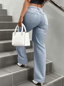 GILIPUR Y2K Women Loose Ripped Straight Leg Jeans, Casual Daily Street Style, Retro Fashion, Suitable For Autumn/Winter, New Year, Thanksgiving, Christmas Holiday Outfits - Blue - View 3