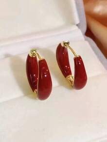 1 Pair Classic European And American Fashion Red And Green Enamel Hoop Earrings, Minimalist Versatile Earrings For Women, Autumn/Winter Unique High-End Earrings - Multicolor - View 3