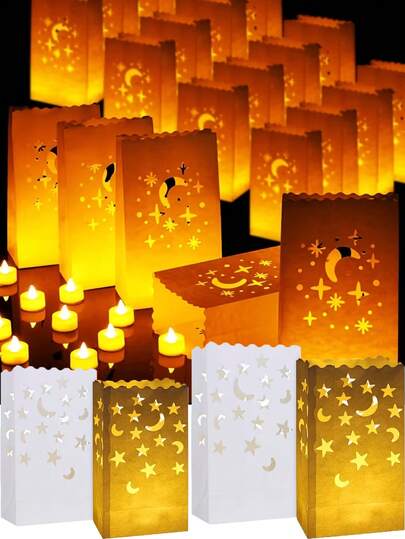 10pcs/2packs, Durable Reusable Star Sky Lantern Bags, 20pcs White Glowing Lantern Bags With Star And Moon Patterns. Made Of Durable, Reusable And Flame Retardant Material. Ideal For Holiday Stair Lighting Decor, Including Thanksgiving, New Year, Valentine's Day, Wedding, Engagement And Proposal.