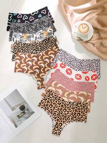 10pcs/Pack Women's High Waist Thong Panties, Random Prints