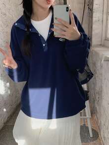 DAZY Women's Loose Fit High Neck Sweatshirt With Front Logo Print, Thick Thermal Lining, Autumn - Blue - View 7