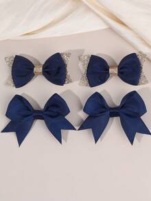 4pcs Navy Blue Bow Hair Clips Set, Suitable For Girls - Navy Blue Alligator Clips, Solid Shiny Hair Clips, School Style Party Hair Accessories, Suitable For Daily Wear, Teens Hair Accessories
