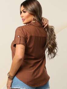 Women's Short-Sleeved Dress Shirt, Plain, Lightweight Viscose Fabric - 鏽棕色 - 查看 3