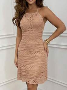 Short Knit Dress With Lace Detail And Halter Neck. - Nude - View 2