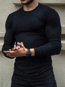 Men's American Ribbed Crew Neck Slim Fit Casual Long Sleeve T-Shirt With Stretch Knit Fabric. Suitable For All Ages, Including Regular Fit, Father's Day, Mother's Day, New Year's, And Spring Festivals. - 黑色 - 查看 2