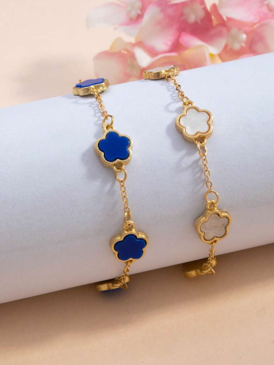 2 bucăți brățară minimalistă la modă, albastru și alb, cu cinci petale de floare și trifoi, accesoriu versatil de vară - Albastru - Vizualizare 1