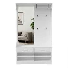 Set guardaroba, set guardaroba da ingresso con scarpiera aperta e specchio, 4 ganci appendiabiti, 1 asta appendiabiti, 2 cassetti, appendiabiti da ingresso (bianco, 104 x 35 x 180 cm) - Bianco - Visualizzare 6