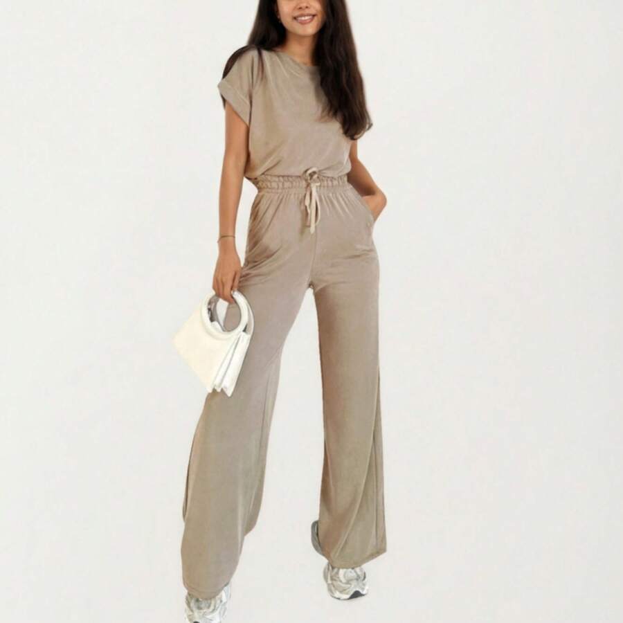 Women's 2-Piece Set Short Sleeve Relaxed Fit Top And Wide Leg Pants With Soft Stretch Fabric And Drawstring Waist - 卡其色 - 查看 1