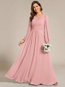 Đầm phù dâu tay dài, cổ tròn, dáng suông, chất liệu chiffon thanh lịch, thích hợp làm đầm dự tiệc cưới, đầm phù dâu màu hồng, đầm cưới mùa xuân cho nữ. - Hồng - Xem 4