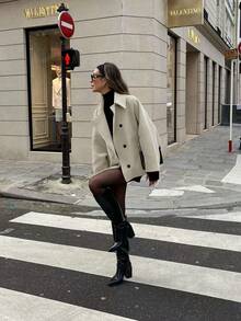 女士优雅米色羊毛混纺防风夹克，简约设计，纽扣前襟 - 杏色 - 查看 4