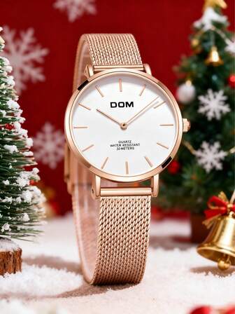 DOM 1 Pieza Esfera blanca con correa de acero inoxidable color oro rosa, excelente valor para relojes de mujer, movimiento de cuarzo y movimiento de segundero suave se convierten en los modelos talla grande precisos, con diseño de doble puntero simple para convertirse en un artículo esencial diario, adecuado para regalos de Navidad.