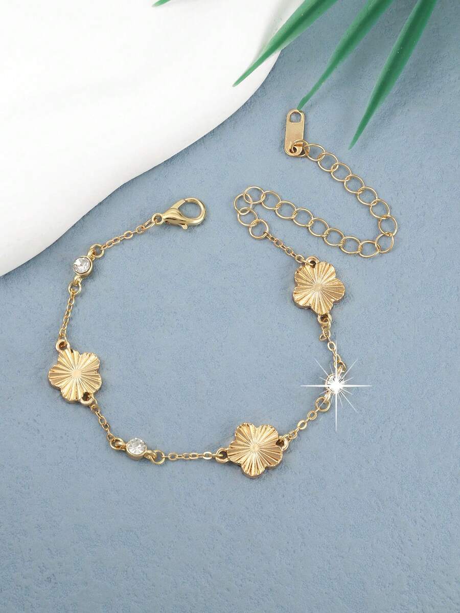 1 chiếc vòng tay trang trí hình cỏ bốn lá và hoa thanh lịch, thích hợp cho Ngày Valentine, kỷ niệm và sử dụng hàng ngày, lý tưởng làm quà tặng hàng ngày và trong các dịp lễ. - Vàng - Xem 1