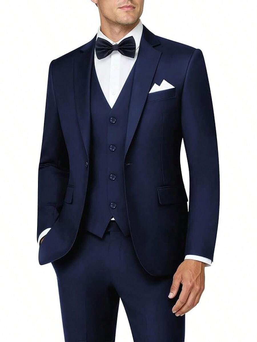 Mens 3 Piece Suits Tuxedo Suit Set Solid Prom Wedding Suits One Button Vest Pants Set With Bow Tie, Modern & Stylish - Navy Blue - View 1