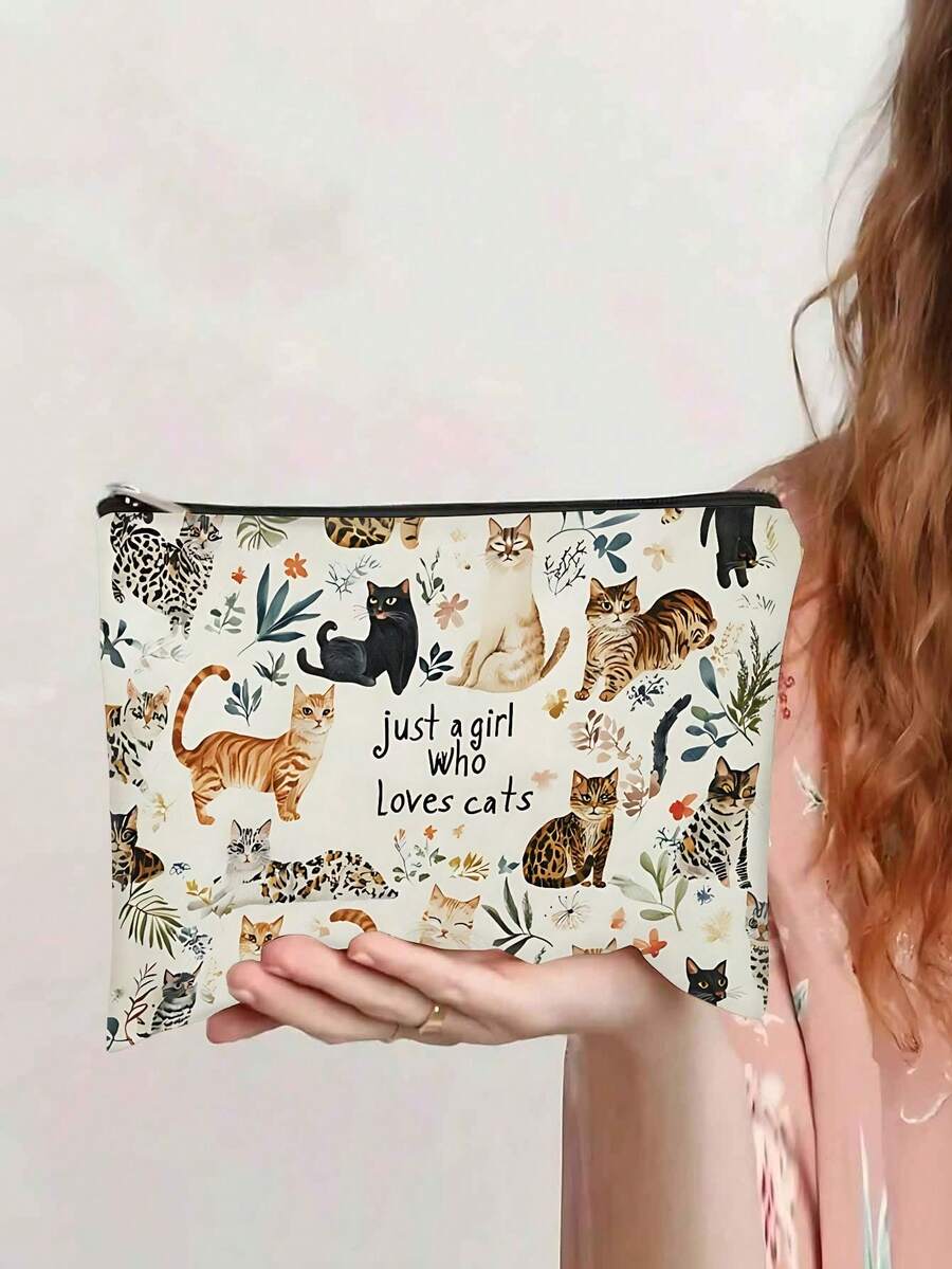 A Double-Sided Adorable Cat-Themed Cosmetic Bag, A Travel Toiletry Bag With A Zippered Inner Pocket, A Coin Purse, And A Student Stationery Organizer. Ideal For Christmas, Halloween, Birthdays, Graduations, Or As A Gift For Women, Friends, Family, Children, Or Students. Also Suitable For Organizing Travel Essentials, Data Cables, And Cosmetics. Makeup Bag Make Up Bag Makeup Pouch Wash Bag Cruise Essentials Vacation Essentials For Men Women - Beige - View 1