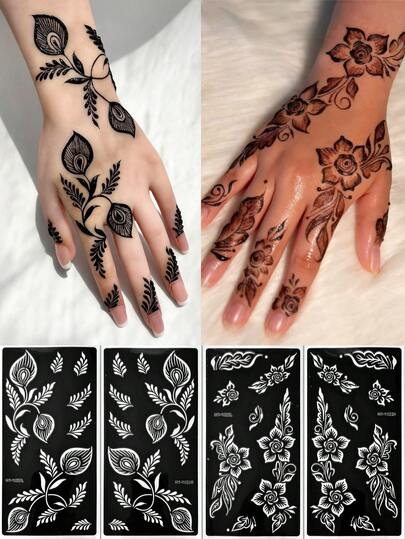 4 st. blomma tillfälliga tatueringsschabloner - sexiga blommönster för händer, gör-det-själv-målning, återanvändbara schabloner för kvinnors kroppsmakeup, Mehndi-designer