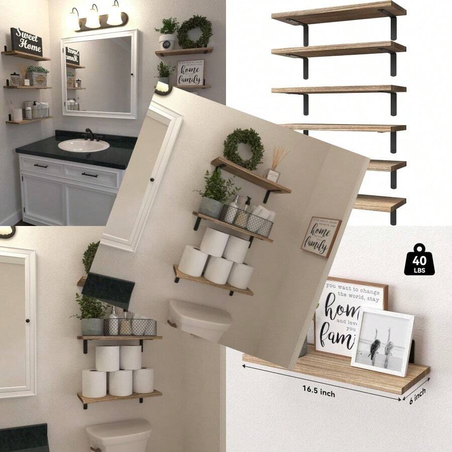 Wood Floating Shelves Set Of 6 Shelves For Wall Decor Farmhouse Shelf For Bedroom Bathroom Storage Shelves Book Shelves For Living Room - Rustic Brown - 165英寸 - 查看 1