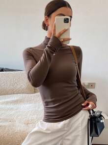Livesso 女士高领打底衫，秋冬长袖上衣 - 咖啡棕 - 查看 2