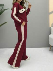 2pcs/Set Women Casual Round Neck Heart Pattern Long Sleeve Top And Pants Suit, Autumn/Winter - Burgundy 28 - View 2