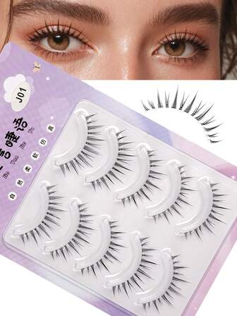 HINARIN 5对C型卷翘假睫毛，自然妆效，日常佩戴，透明交叉带，6-12mm，隐形细带，可爱款式，适合婚礼、日常、工作、眼妆等场合。