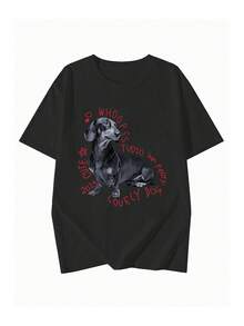 女士圆领短袖T恤，夏季新款狗狗图案字母印花，时尚休闲百搭宽松上衣 - 黑色 - 查看 3