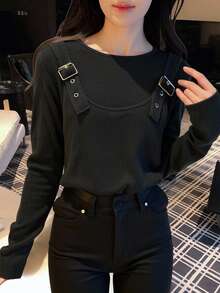 DAZY 女士竖条纹二合一可调节肩带宽松长袖休闲街头风T恤 - 灰色 - 查看 6