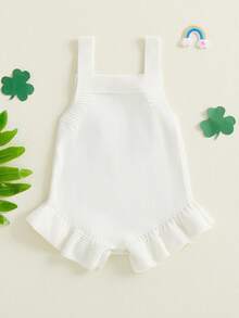 Mono de punto para niña pequeña, sin mangas, con cuello cuadrado, letras y bordado de trébol, con ribete de volantes - Blanco - Ver 3