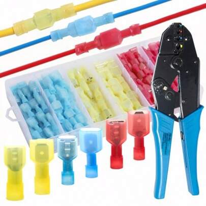 Nylon Spade Connector Kit Crimping Tool Quick Insulated Wiring Connect Male Female Wire Crimp Terminal Disconnect Ends Ratcheting Crimper Electrical Automotive