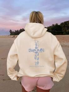 Women Seashell Cross Scripture Double Sided Graphic Hoodie Oversized Long Sleeve Coastal Faith Christian Loose Casual Beach Pullover Sweatshirt - 黑色 - 查看 11
