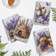 4pcs Purple Lavender Style Kitchen Towels, Purple Lavender Color Scheme, Purple Lavender And Bird Pattern Design, Suitable For Wiping Tableware, Also Can Be Used As Kitchen Home Decor And Tabletop Decor, Essential Kitchen Supplies, Fit For Kitchen And Dining Room, Commonly Used For Daily Cleaning And Holiday Decoration - Multicolor - View 2