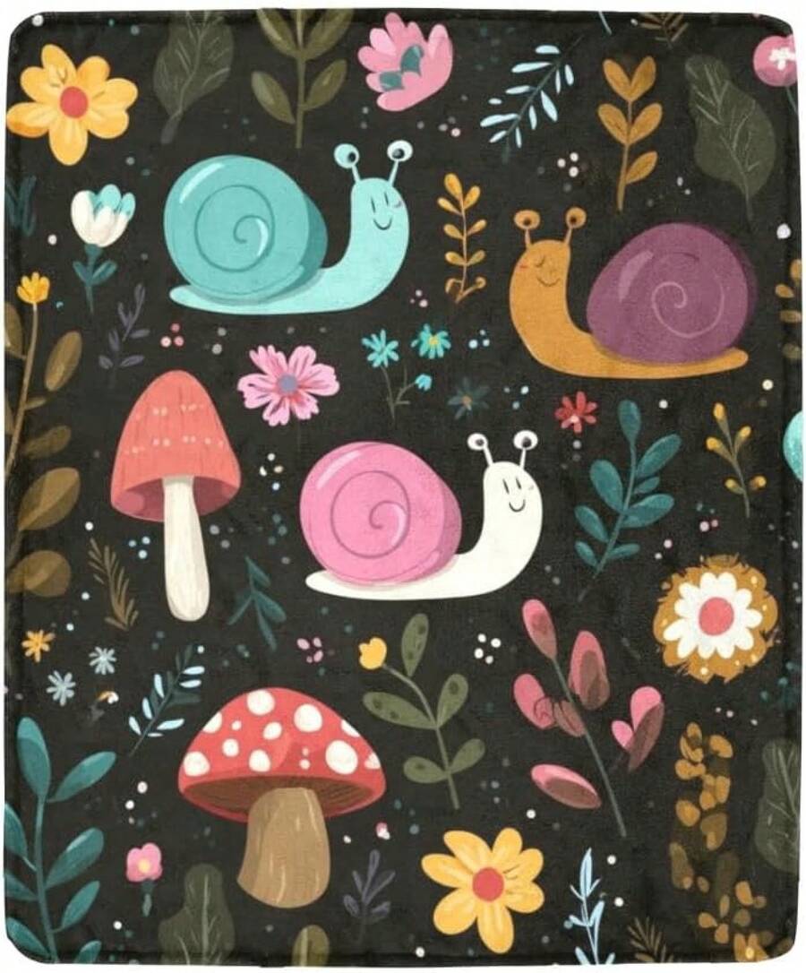 Snails Mushrooms And Flowers Pattern Throw Blanket, 50"X60" Super Soft Flannel Fleece Throw Blankets, Lightweight Cozy Fuzzy Blanket For For Couch Sofa Chair Bed Camping - 彩色 - 查看 1