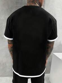 Men's Casual Everyday Commute Slogan Print Contrast Trim Short Sleeve T-Shirt, Spring/Summer - Black - View 2