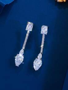 1 Pair Awesome Pink Light Blue Cubic Zirconia Bridal Wedding Long Dangle Drop Gold Plated Earrings With 925 Silver Post CZ Women Party Jewelry Accessories - Blue - View 8