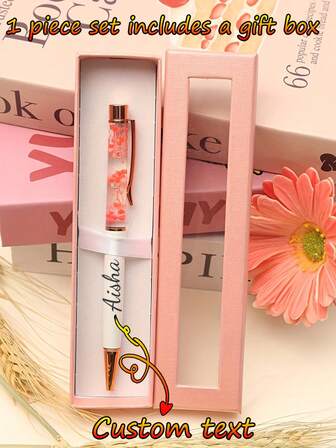 Customized Text Logo Dried Flower Pen Set, With Elegant Pink Gift Box, Creative DIY Floral Pen, Metal Gift Pen, Bridesmaid Gift, Can Engrave Your Favorite Text, Suitable For Engagement, Wedding, Bridal Shower, Halloween, Christmas, Valentine's Day, Women's Gift, Office Gift, Corporate Customization, Perfect Gift For Family, Friends, Teachers, Students, Colleagues