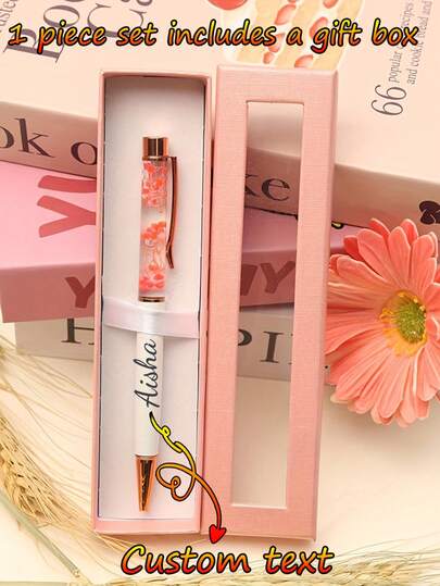 Customized Text Logo Dried Flower Pen Set, With Elegant Pink Gift Box, Creative DIY Floral Pen, Metal Gift Pen, Bridesmaid Gift, Can Engrave Your Favorite Text, Suitable For Engagement, Wedding, Bridal Shower, Halloween, Christmas, Valentine's Day, Women's Gift, Office Gift, Corporate Customization, Perfect Gift For Family, Friends, Teachers, Students, Colleagues