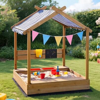  Keezi Kids Sandpit Wooden Sandbox Sand Pit With Canopy Water Basin Toys 146cm