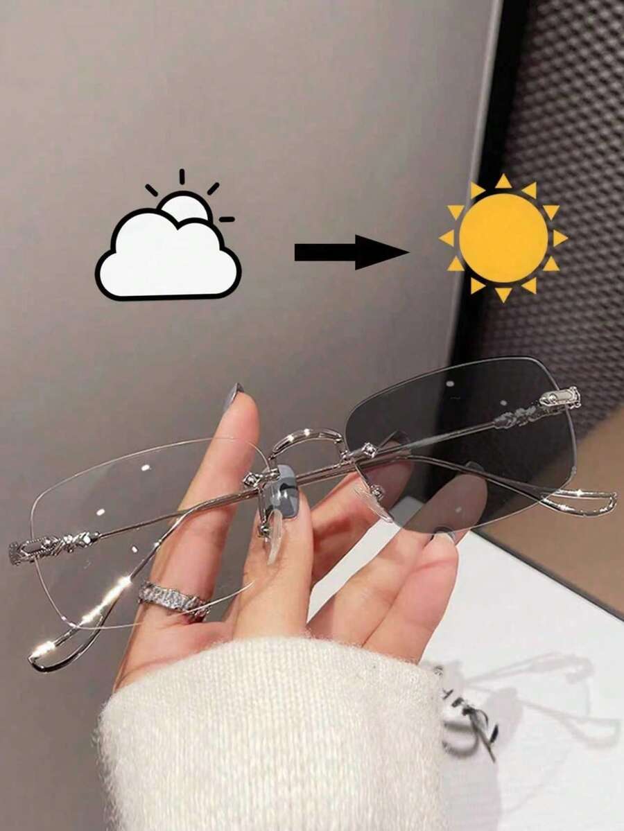 1副男女通用金属无框简约时尚无度数眼镜 - 銀色變色 - 查看 1